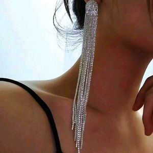 RHINESTONE SILVER TASSLE LONG EARRINGS NEW